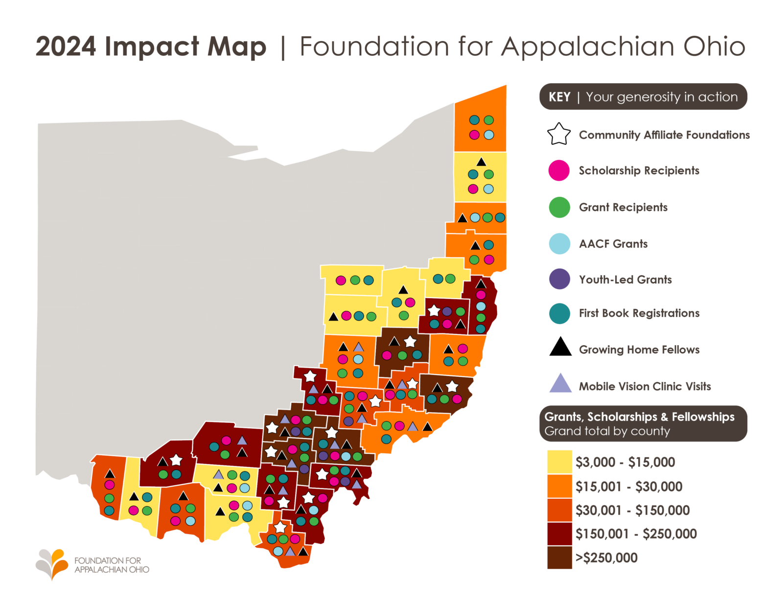 FAO's 2024 impact map shows investments made in each of Appalachian Ohio's 32 counties.