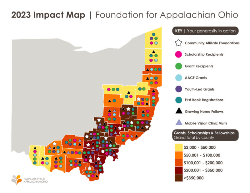 The Foundations for Appalachian Ohio's 2023 Impact Map. Showing the amount and types of grants, scholarships and fellowships that they distributed.