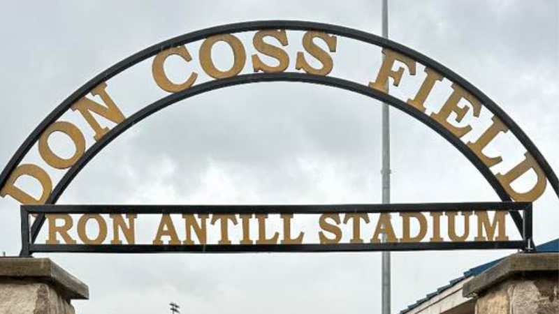 Pictured is the sign welcoming people to Don Coss Field and Ron Antill Stadium.