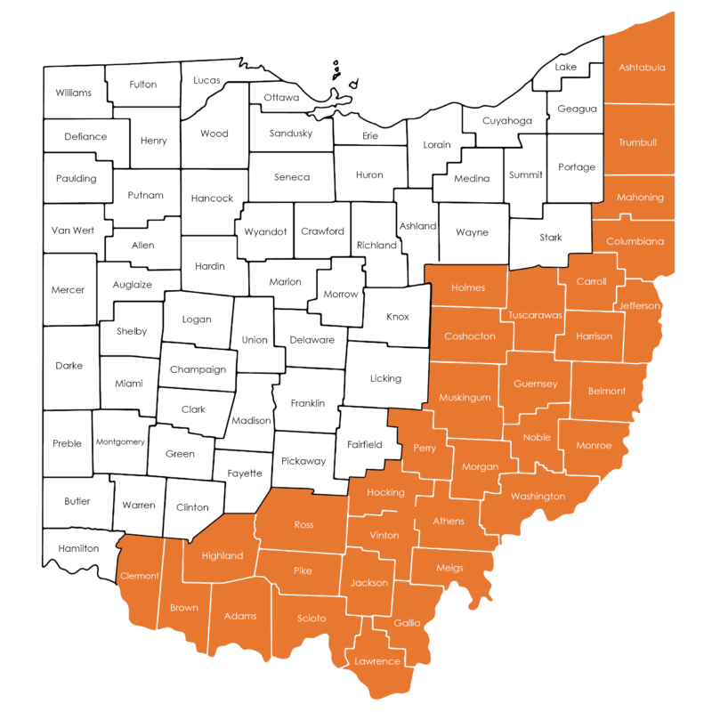 Map of the Appalachian Ohio Region as defined by ARC.