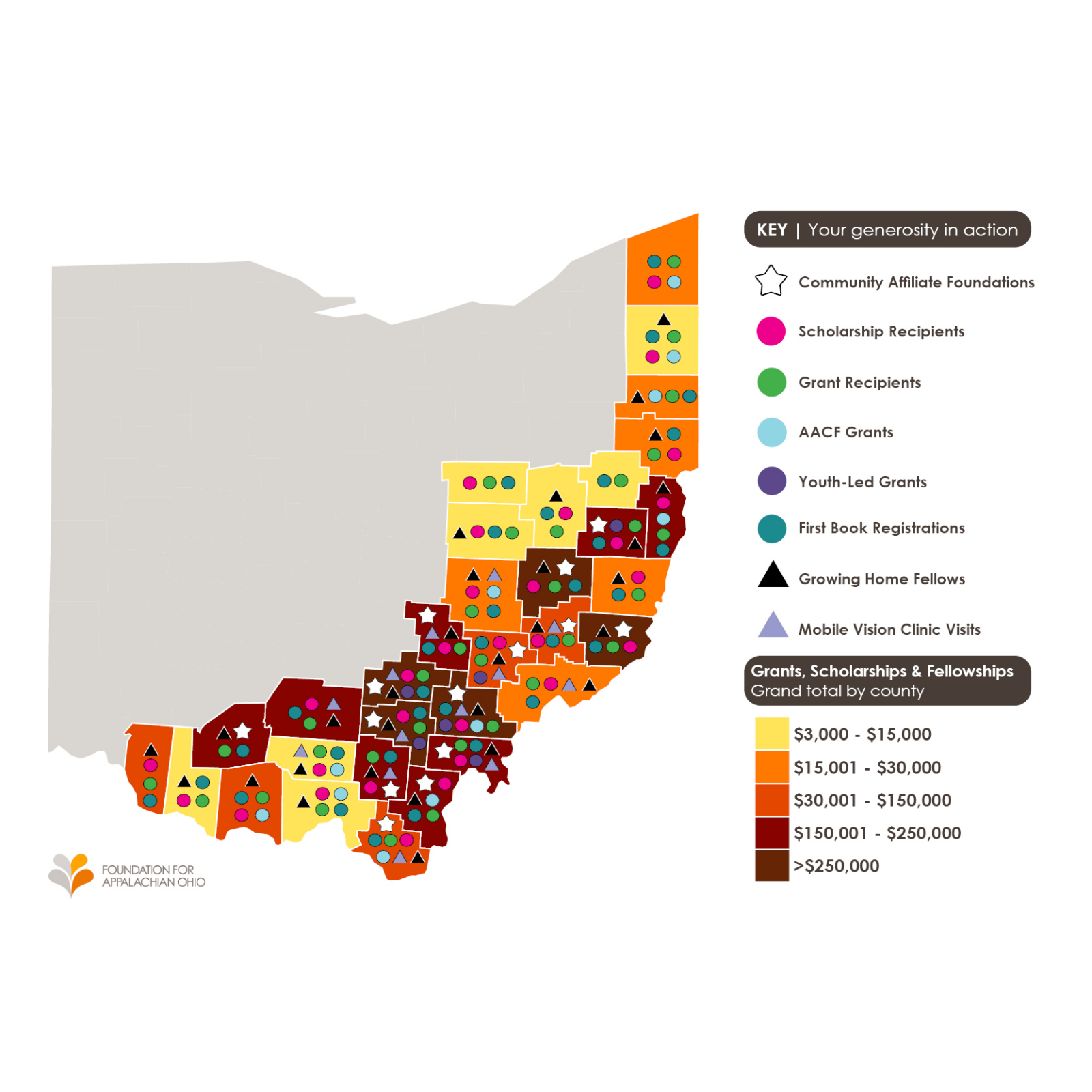 FAO's 2024 impact map shows investments made in each of Appalachian Ohio's 32 counties.