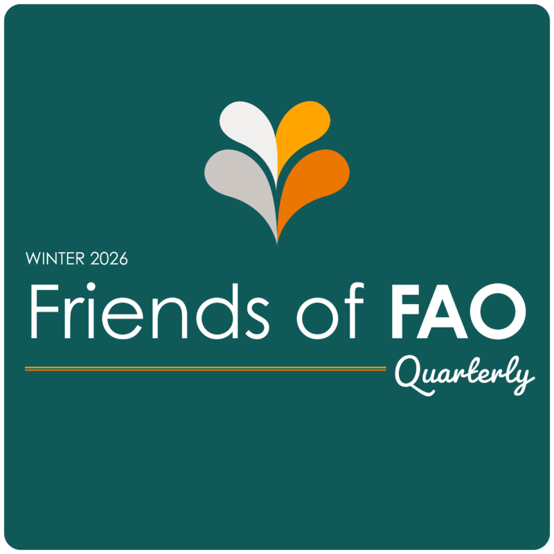 Pictured is the masthead for the Friends of FAO Quarterly newsletter. It has a dark green background and the FAO fleur.